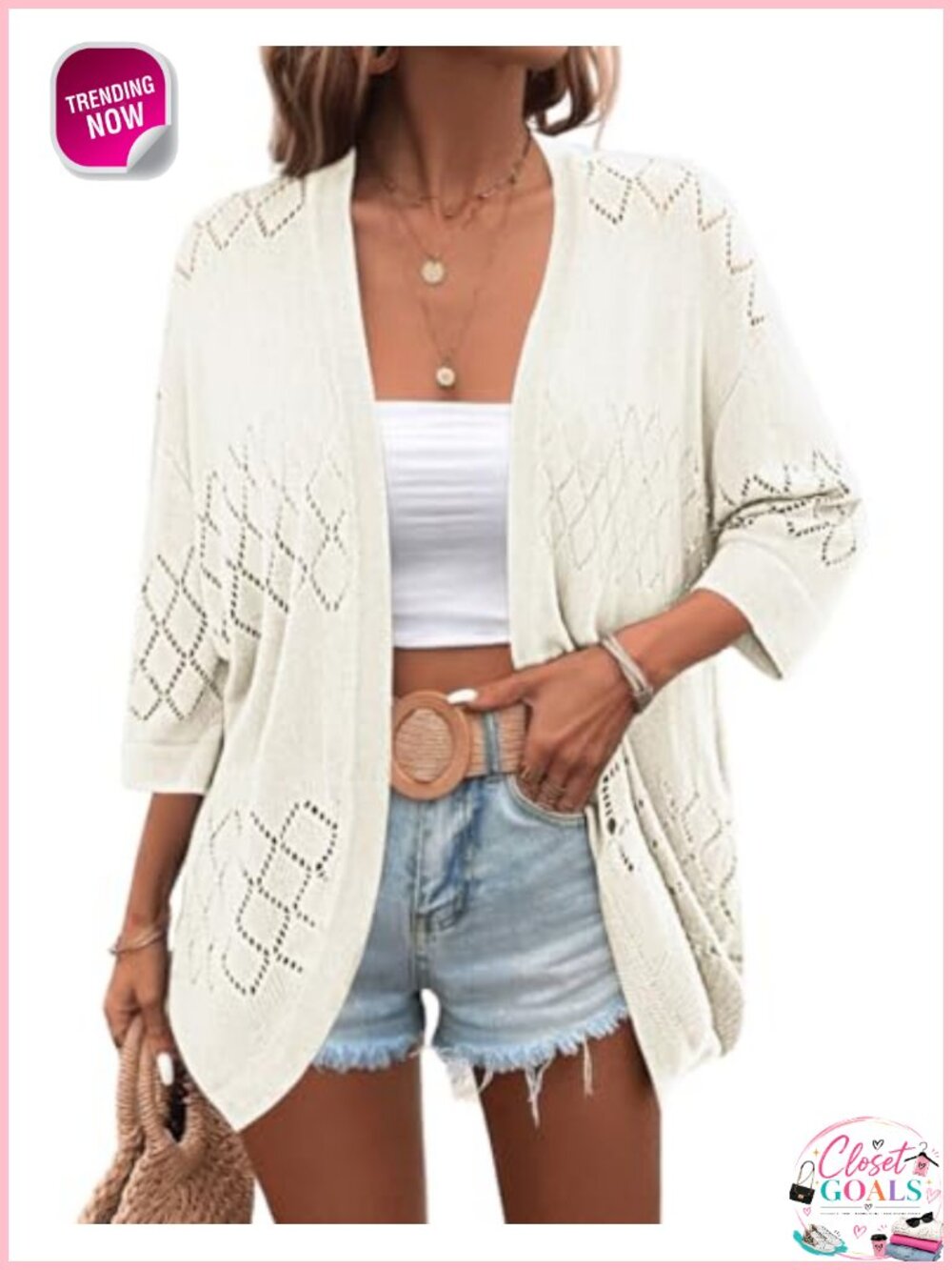 Lightweight Crochet Open Front 3/4 Sleeve Cardigan Kimono Beach Cover Up